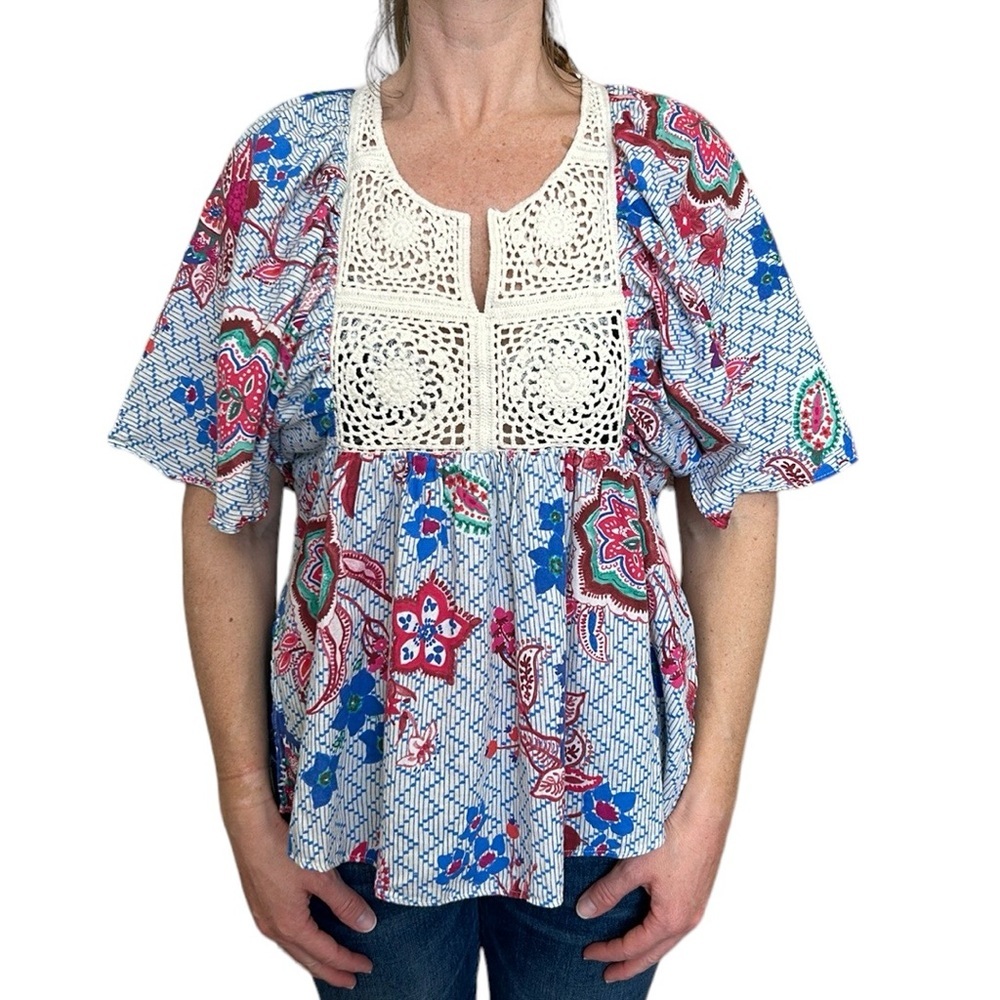 ZARA‎ Woman | CROCHET DETAIL SHIRT Multicolor w/Long Slit Bohemian Lightweight M